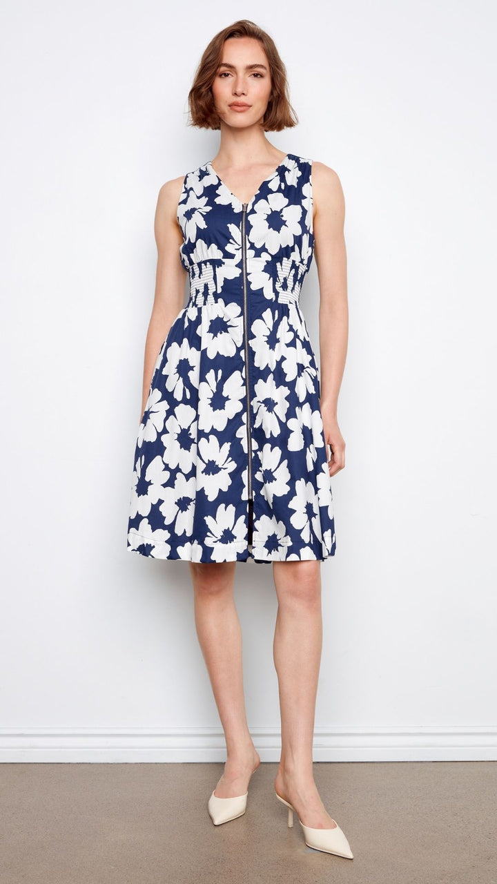 Cotton Voile Printed Front Zip Knee Length Dress