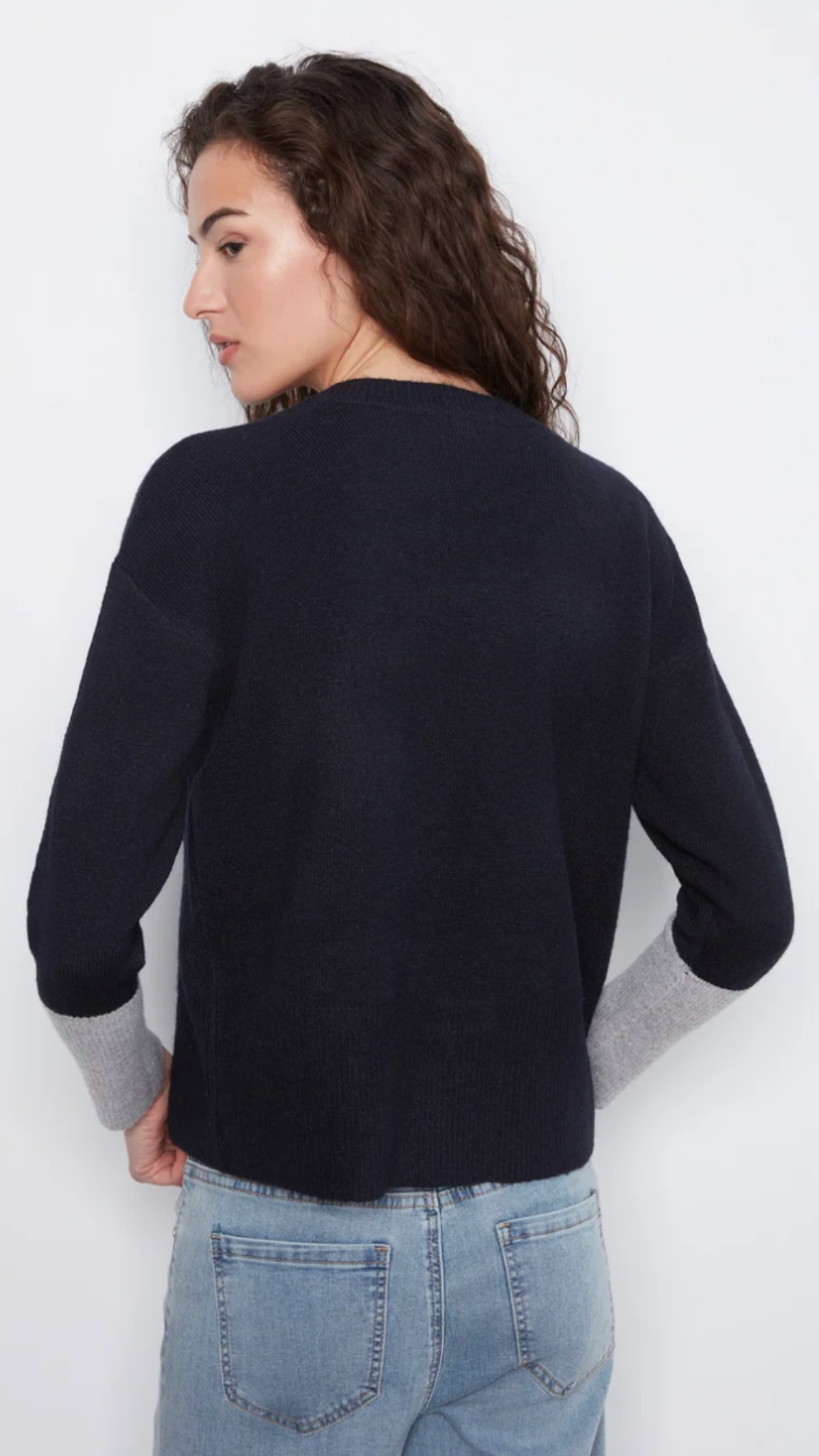 Navy Crew Neck Sweater With Grey Contrast Details
