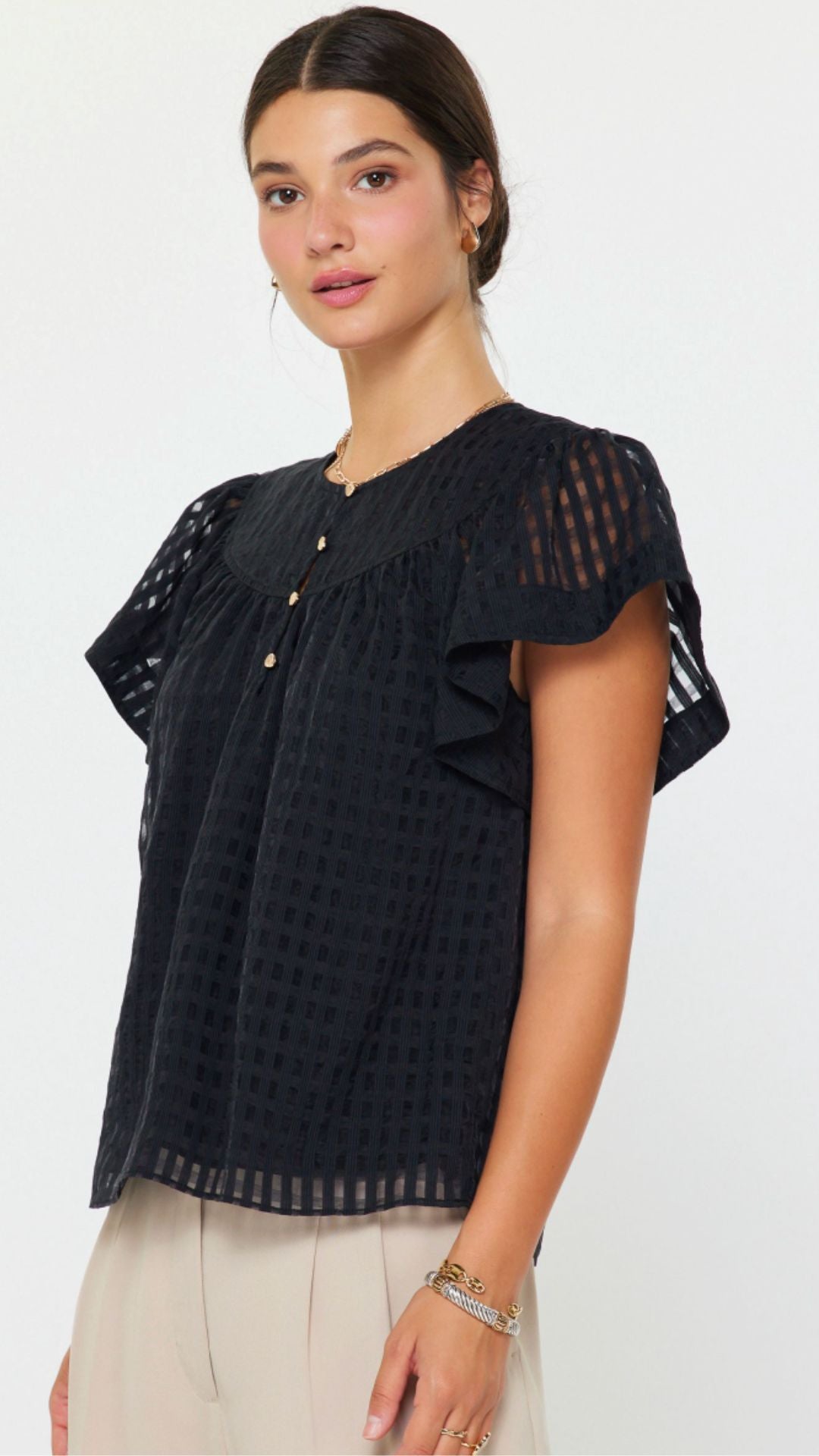 Black Flutter Short Sleeve Blouse