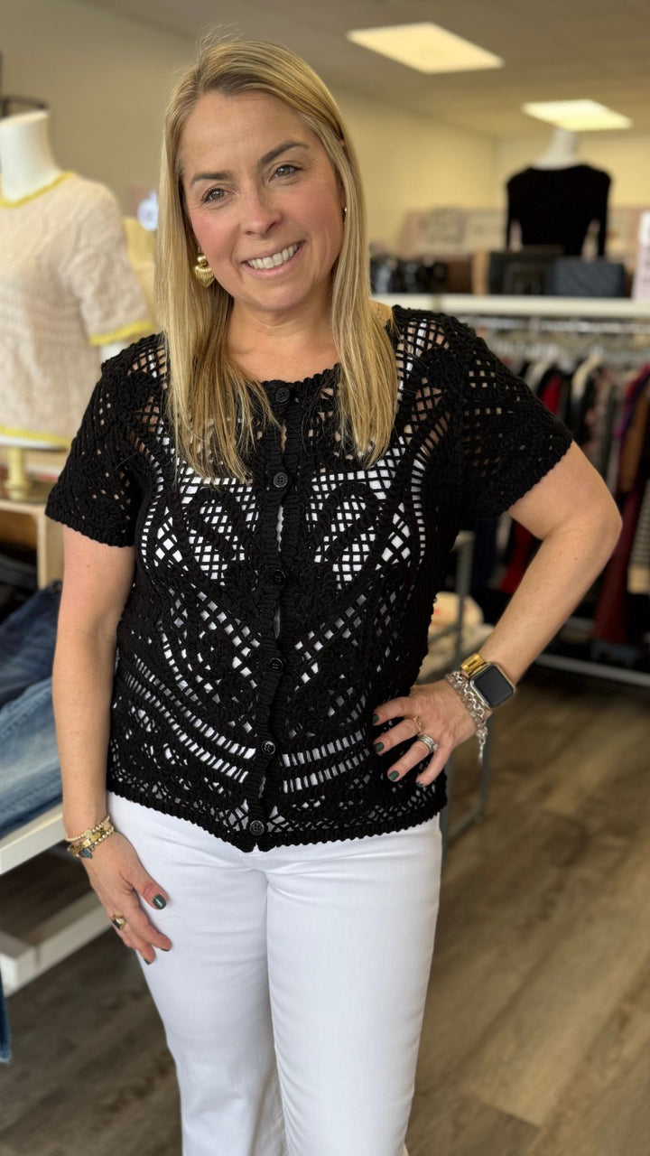 Black Reversible Short Sleeve Crochet Top