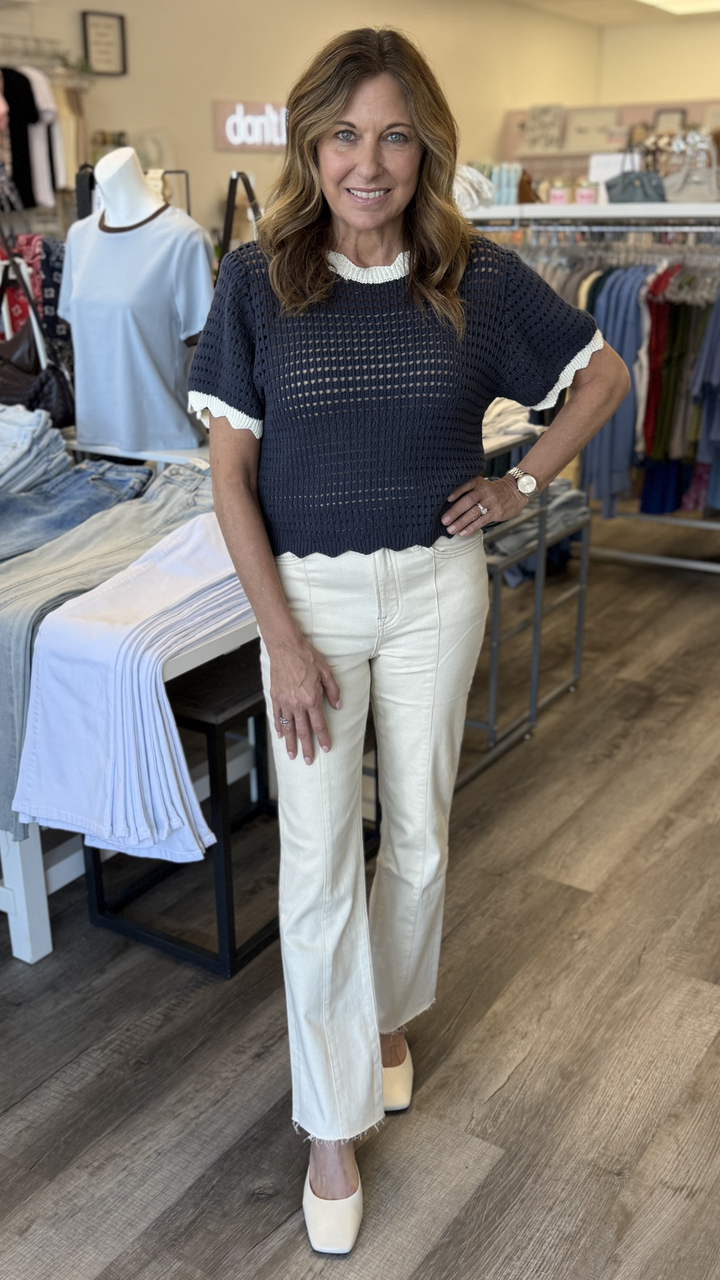 Navy And Cream Scalloped Detail Knitted Top