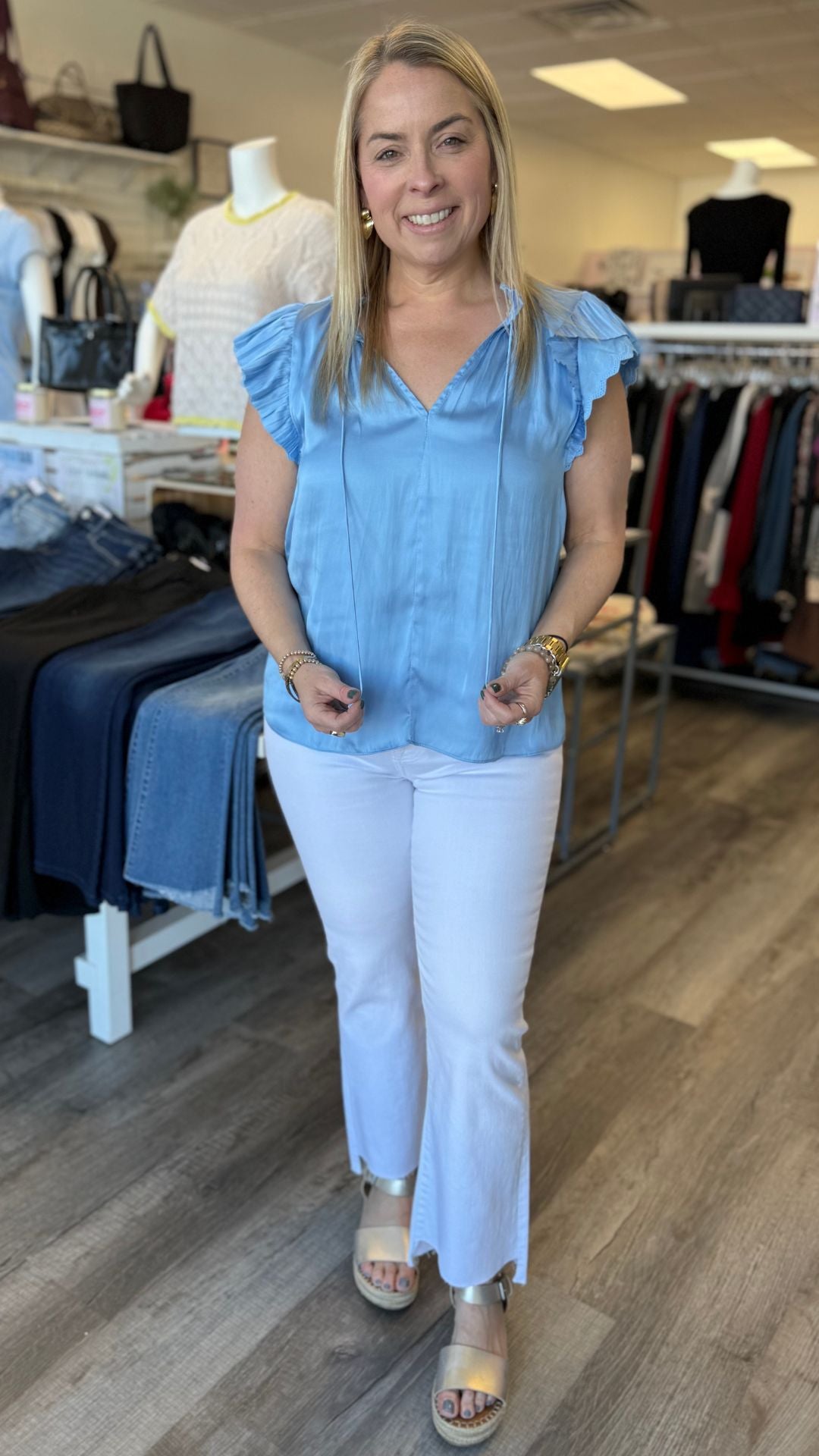 Blue Double Flutter Eyelet Edge Blouse