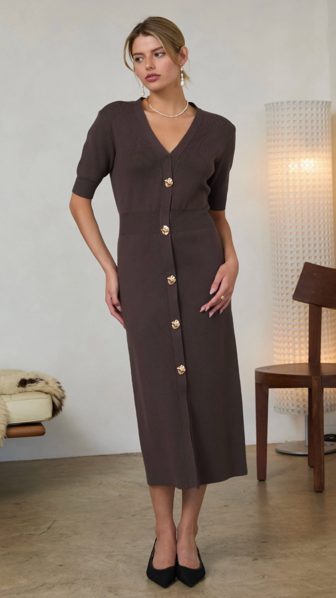 Brown Ribbed Short Sleeve Button Front Sweater Midi Dress