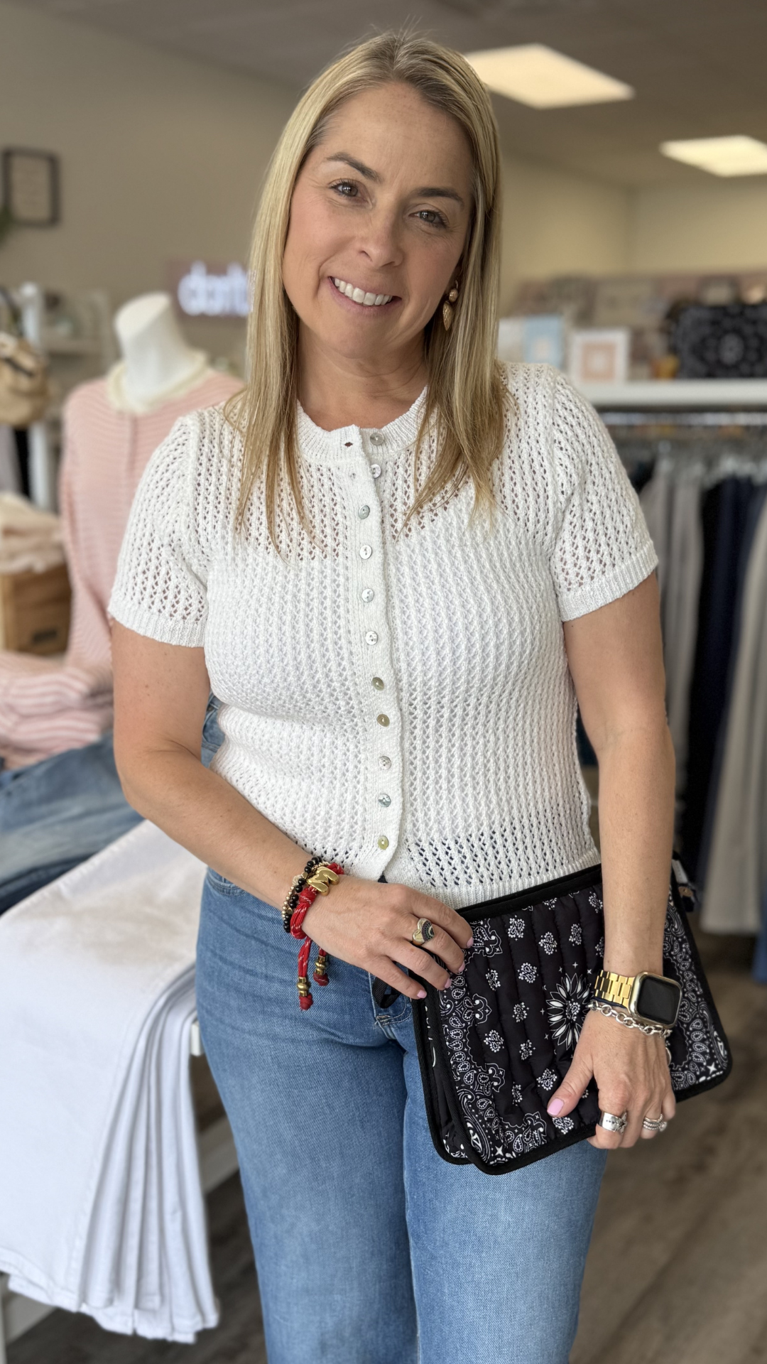 Button Front Short Sleeve Knit Top