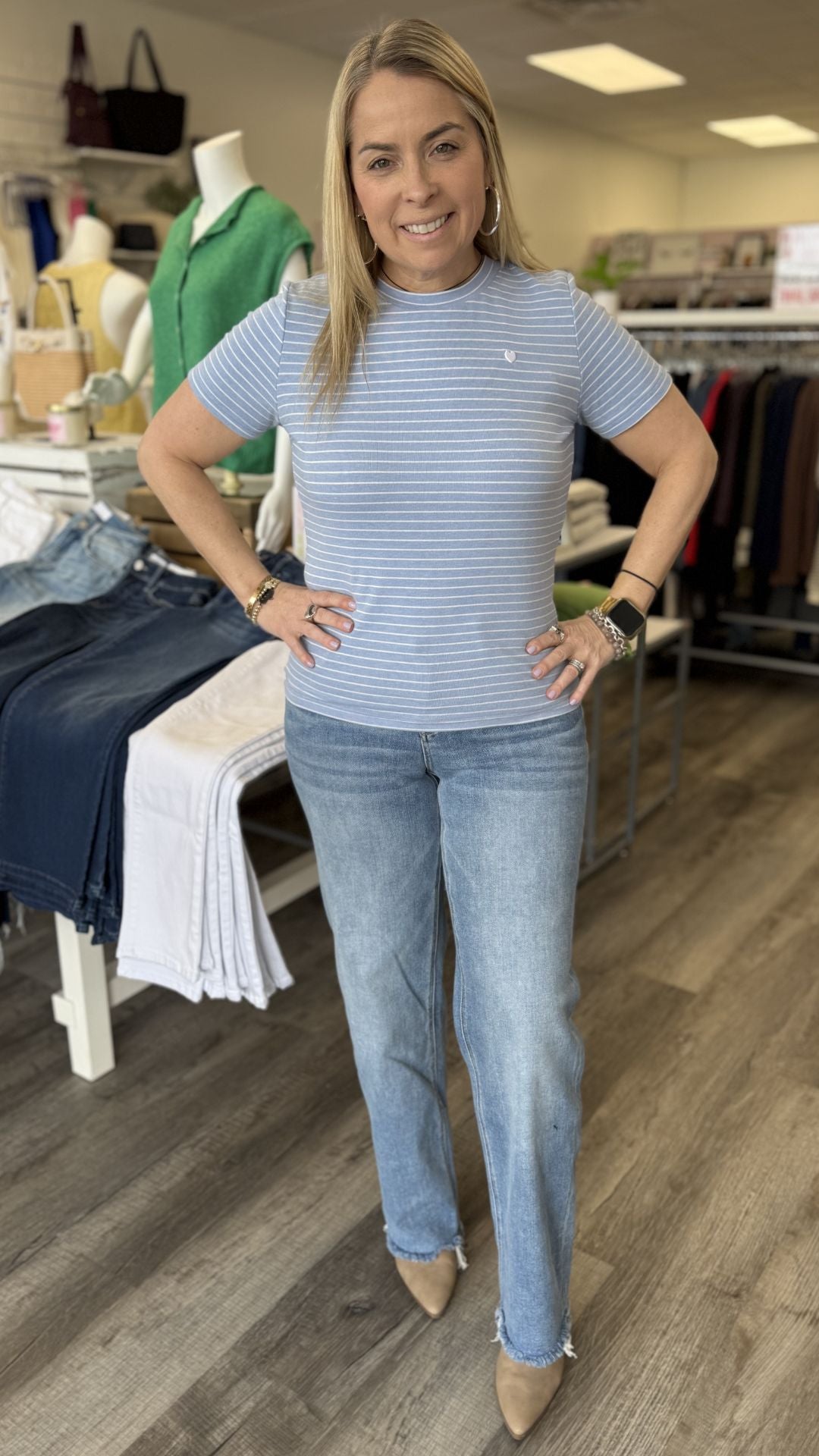 Blue Stripe Heart Embroidered Tee