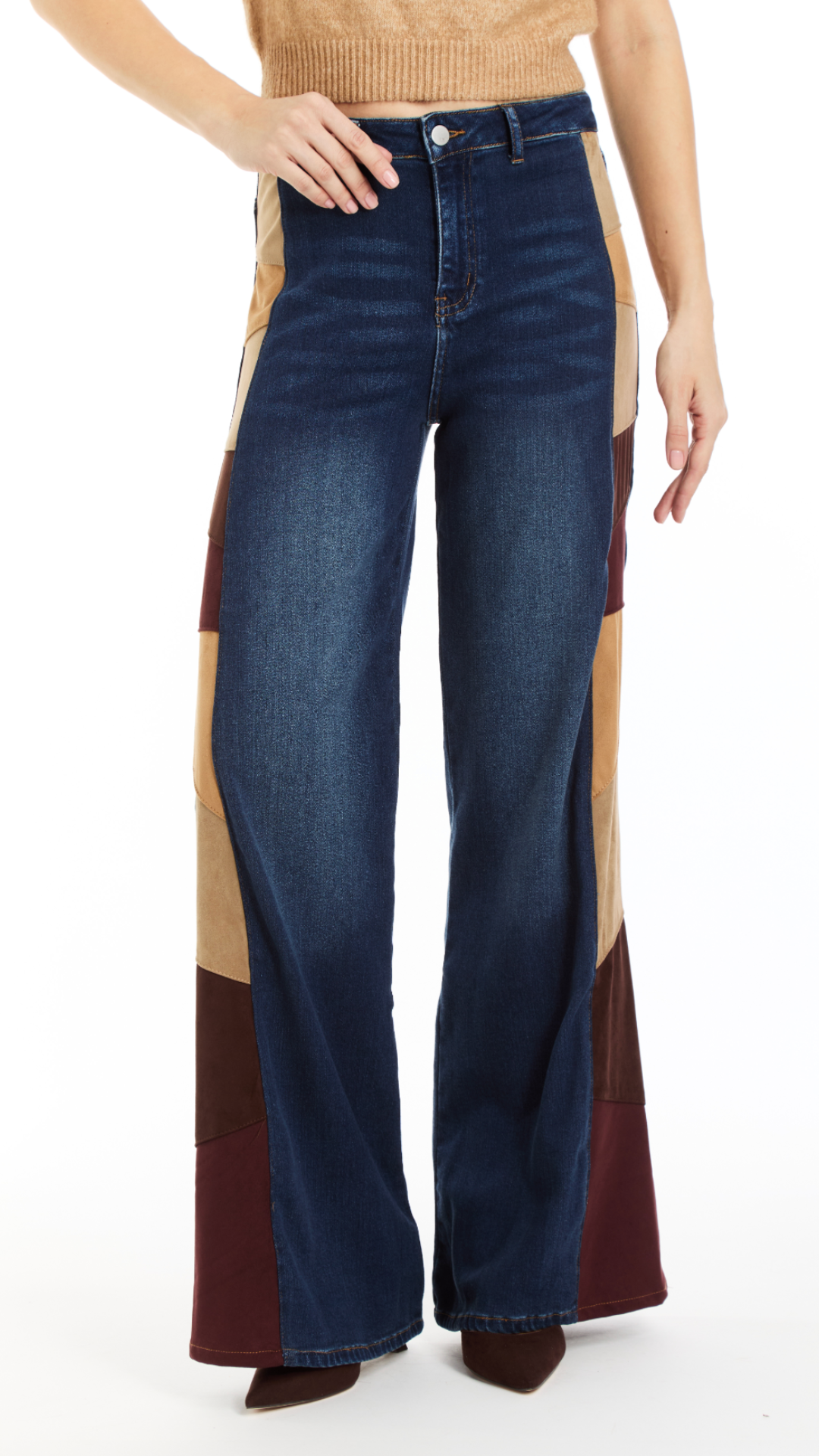 Suede Side Panel Denim Wide Leg Jeans