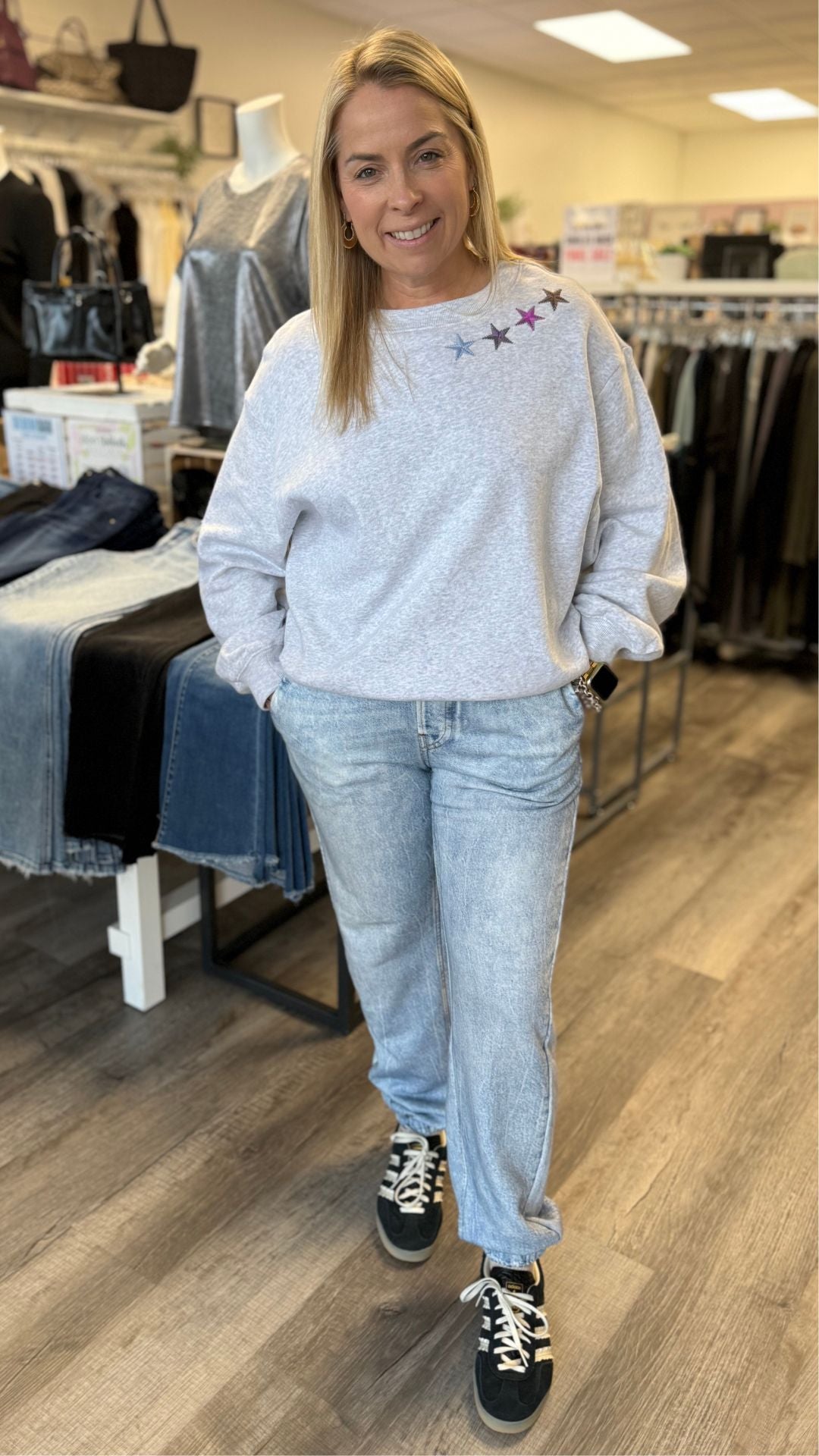 Denim Print Jogger French Terry Pants