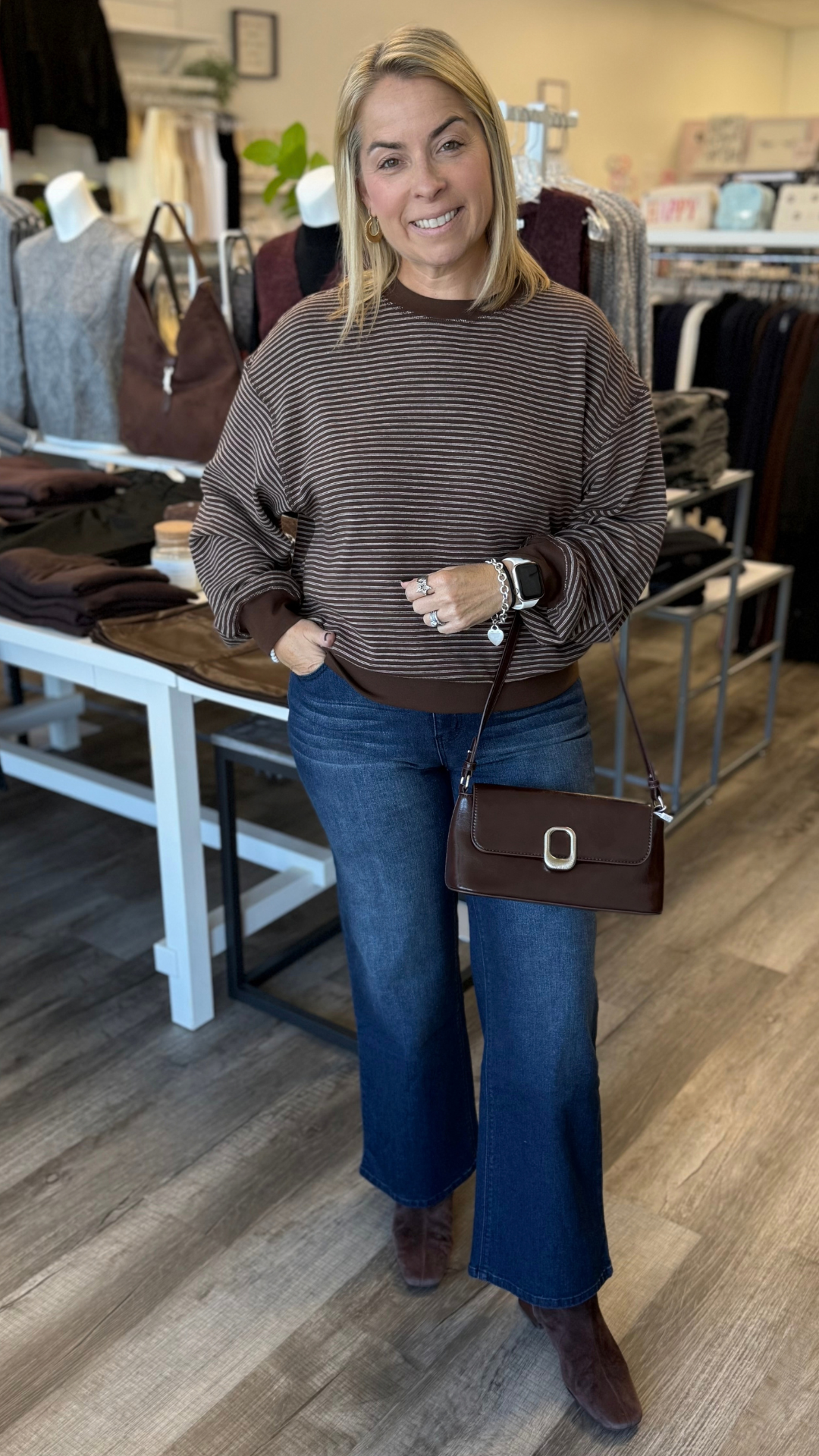 Brown And Cream Stripe Crewneck Top