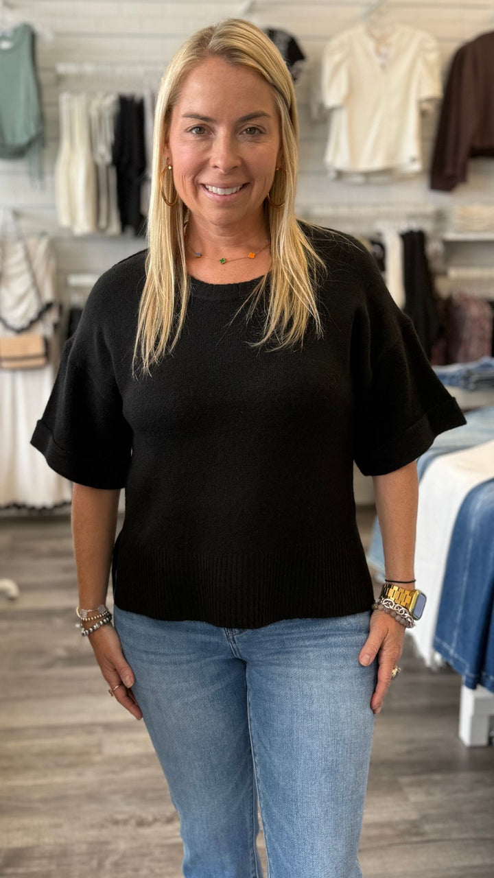 Black Short Sleeve Crew Neck Sweater