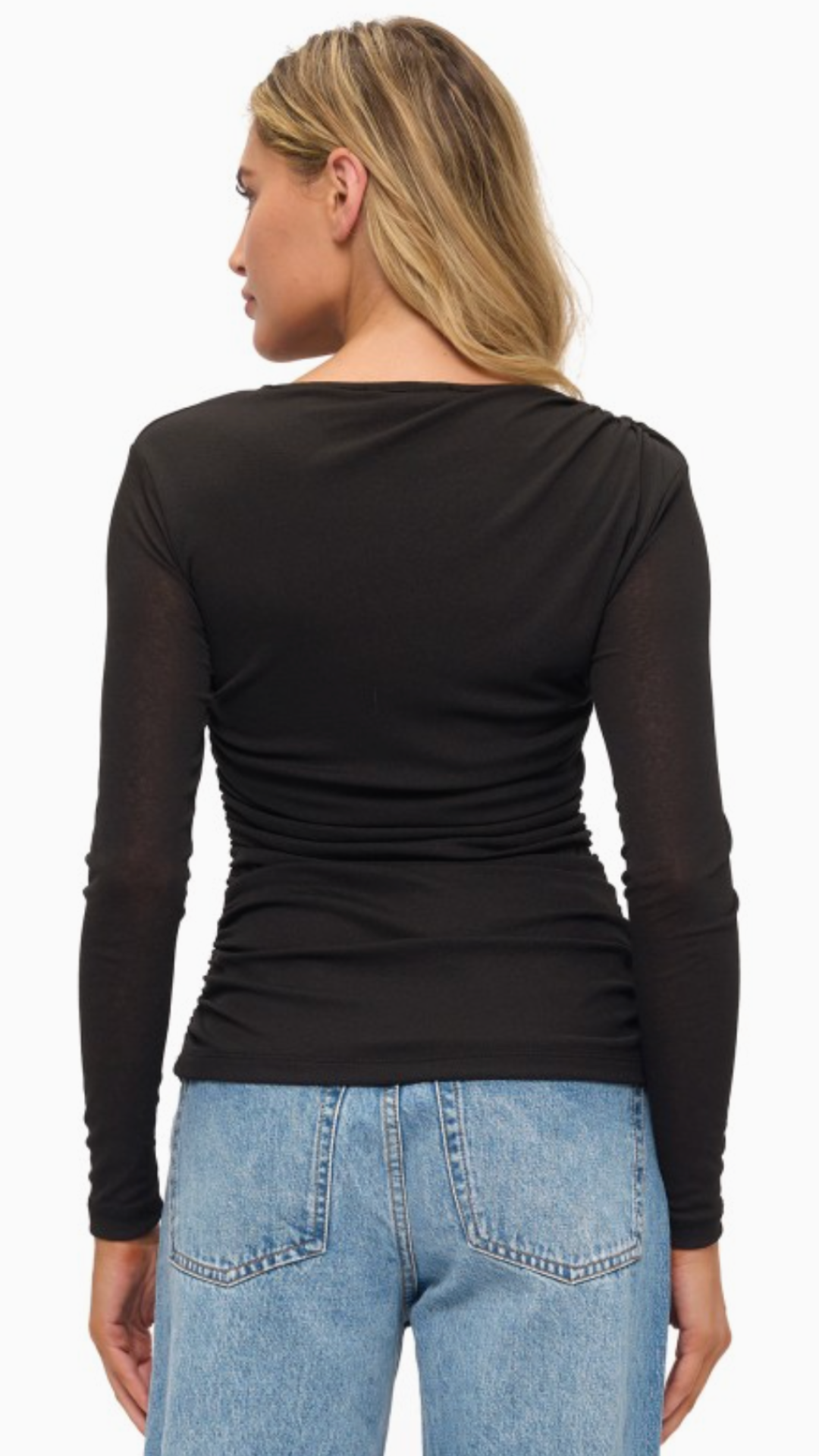 Black Mesh Long Sleeve Ruched Top