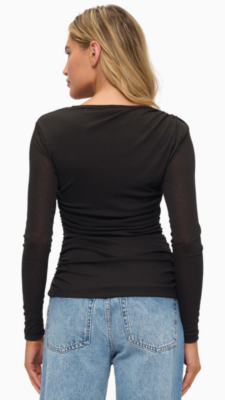 Black Mesh Long Sleeve Ruched Top