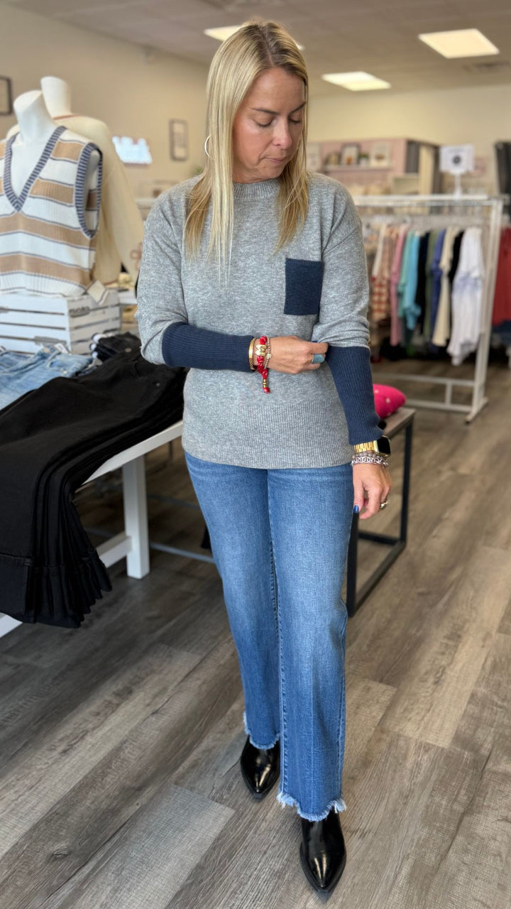 Gray Crew Neck Sweater With Contrast Details