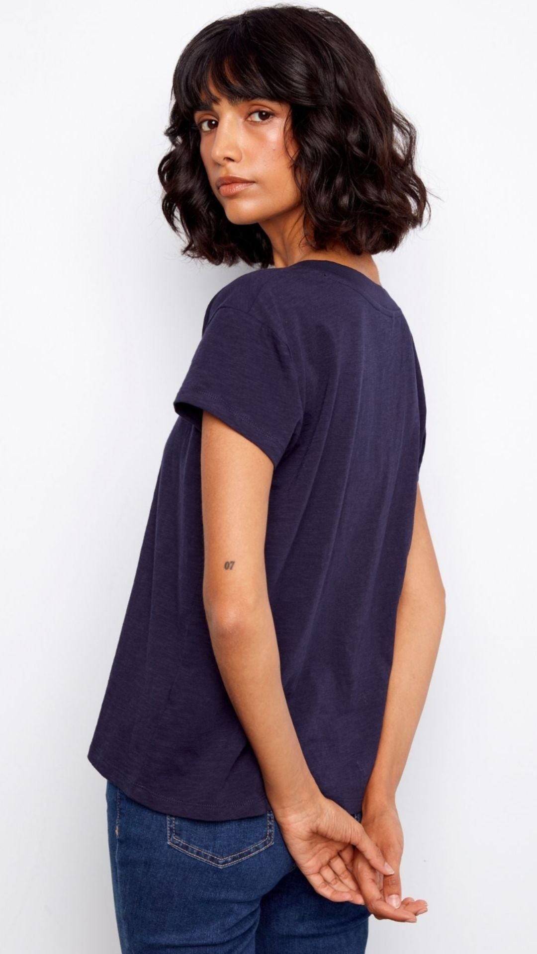 Navy Drop Shoulder V Neck Tee