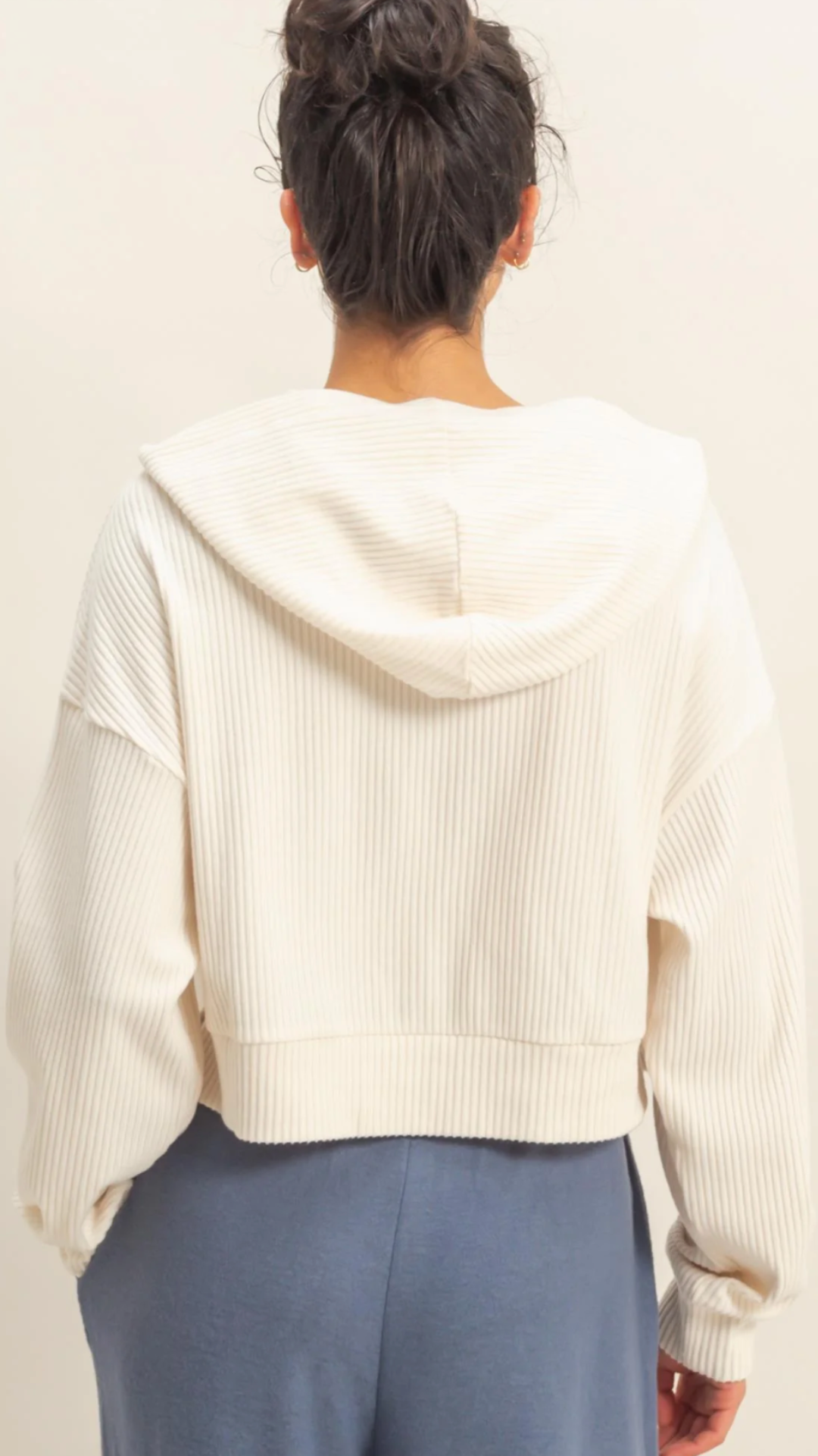 Whip Cream Drop Shoulder Casual Cropped Ribbed Hoodie