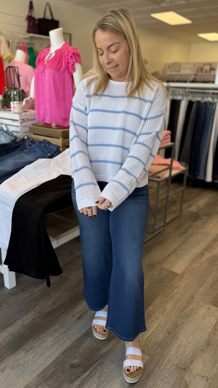 Blue And White Open Knit Stripe Sweater Top