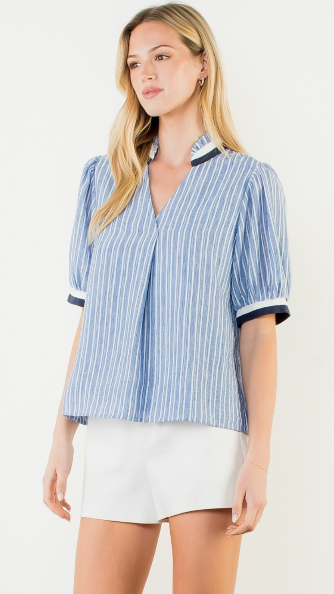 Short Sleeve Striped V Neck Top
