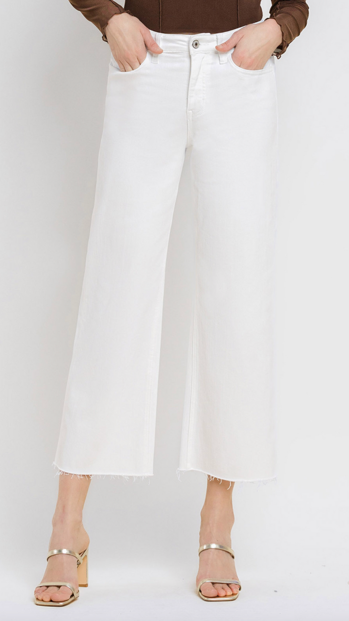 High Rise White Raw Hem Wide Leg Jeans