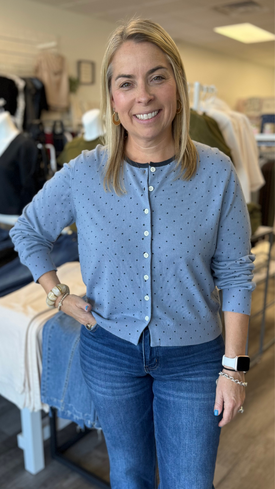 Blue And Navy Polka Dot Cardigan