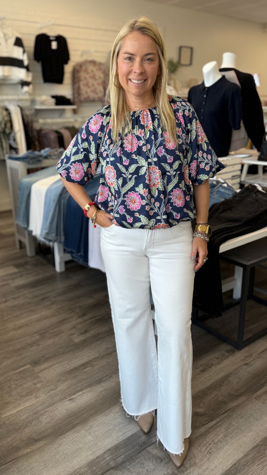 Floral Boatneck Balloon Sleeve Blouse