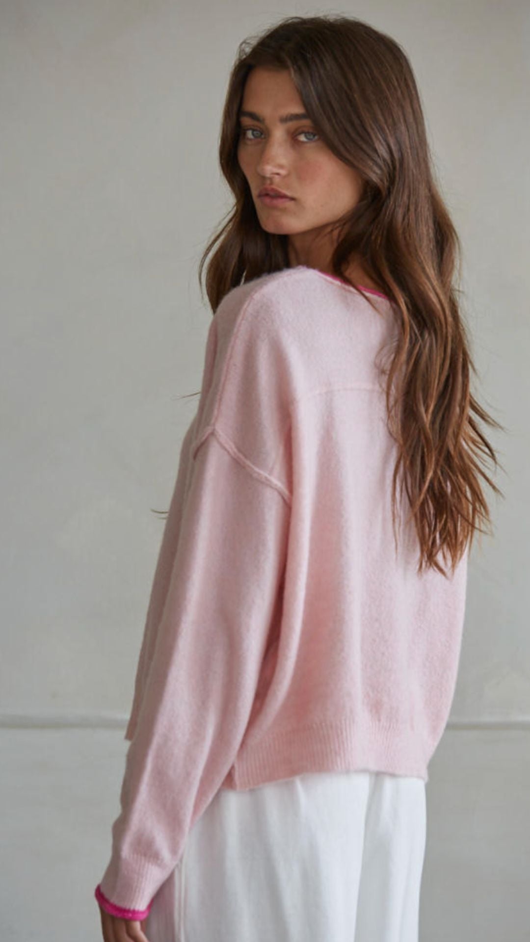 Light Pink Pullover Sweater With Dark Pink Trim