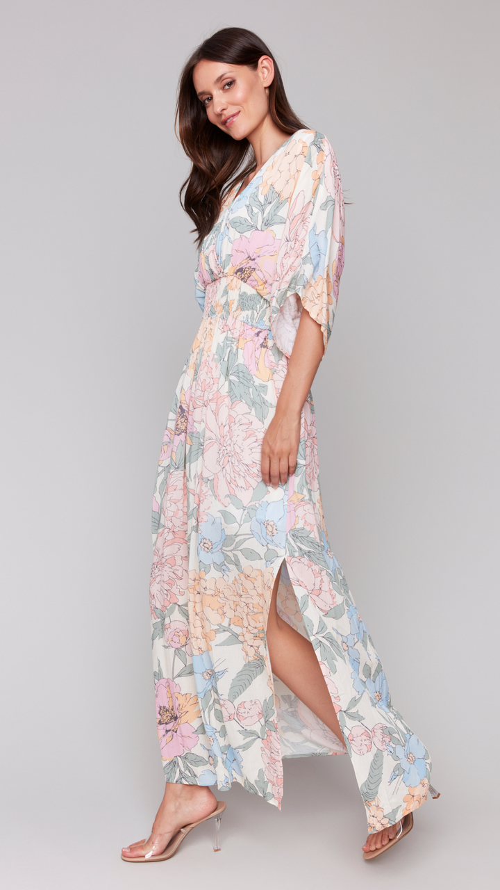 Dolman Sleeves Floral Maxi Dress With Side Slits