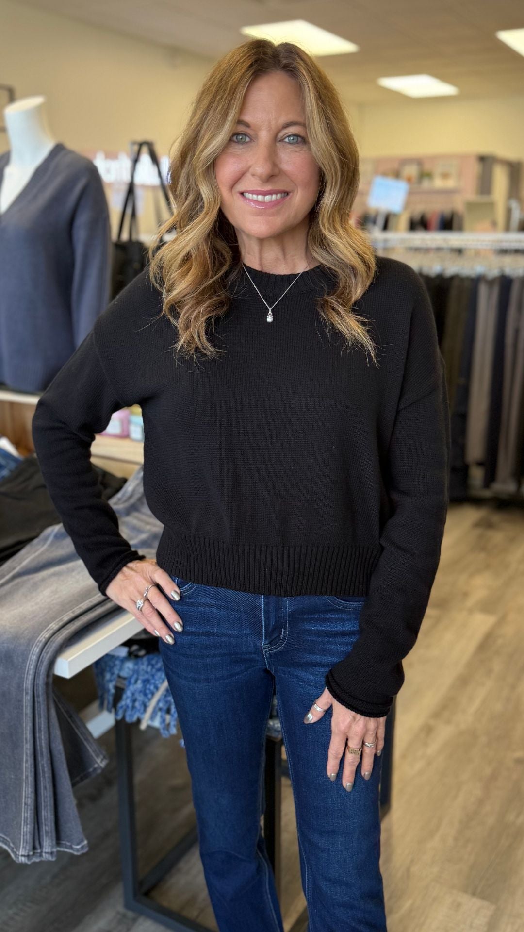 Black Cotton Round Neck Sweater