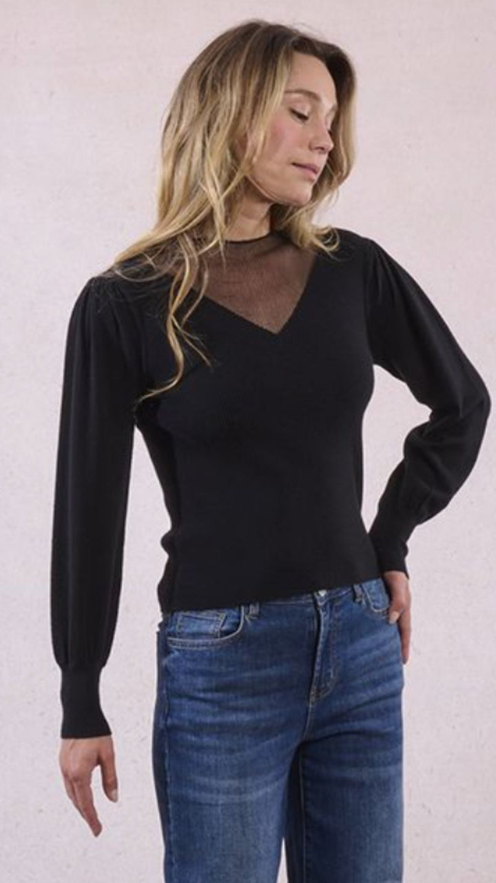 Black Mesh V Neck Knit Top