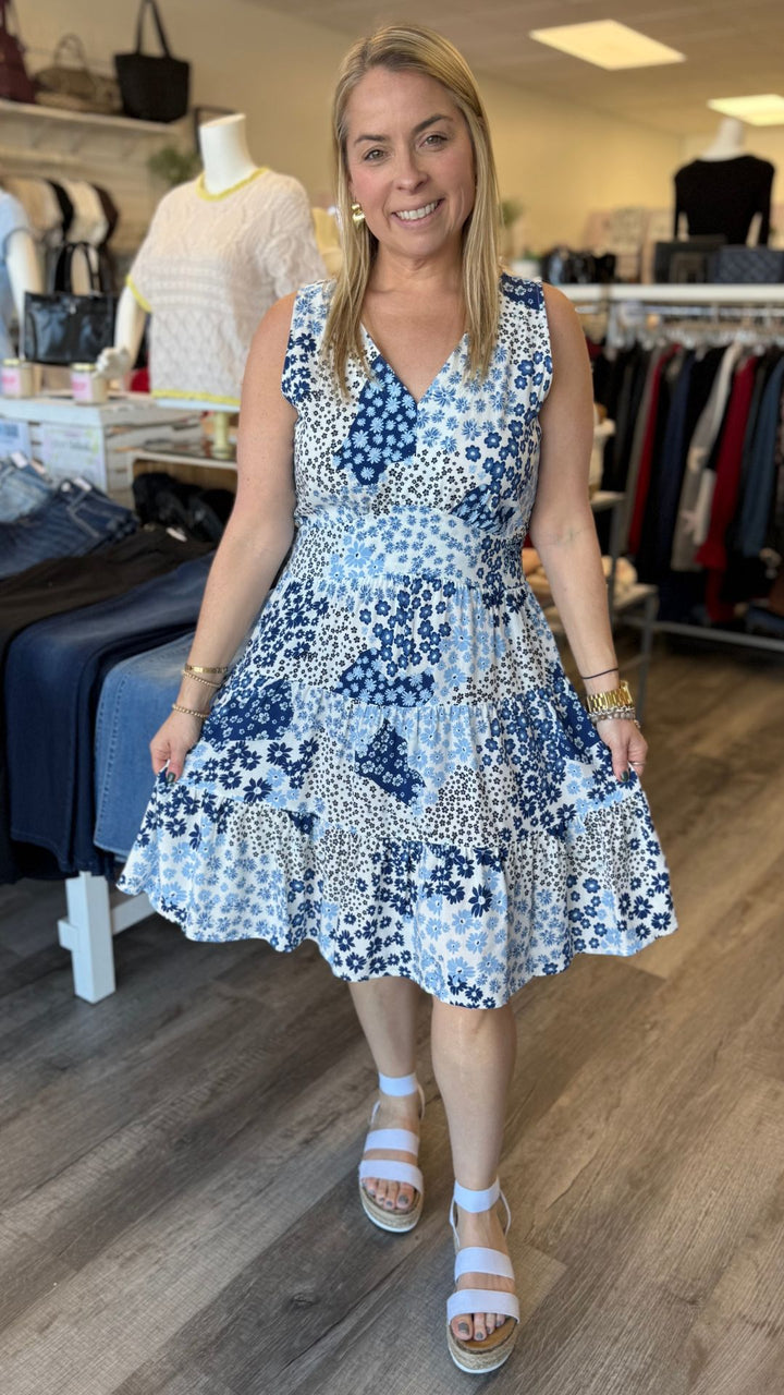Blue Floral Sleeveless V Neck Dress