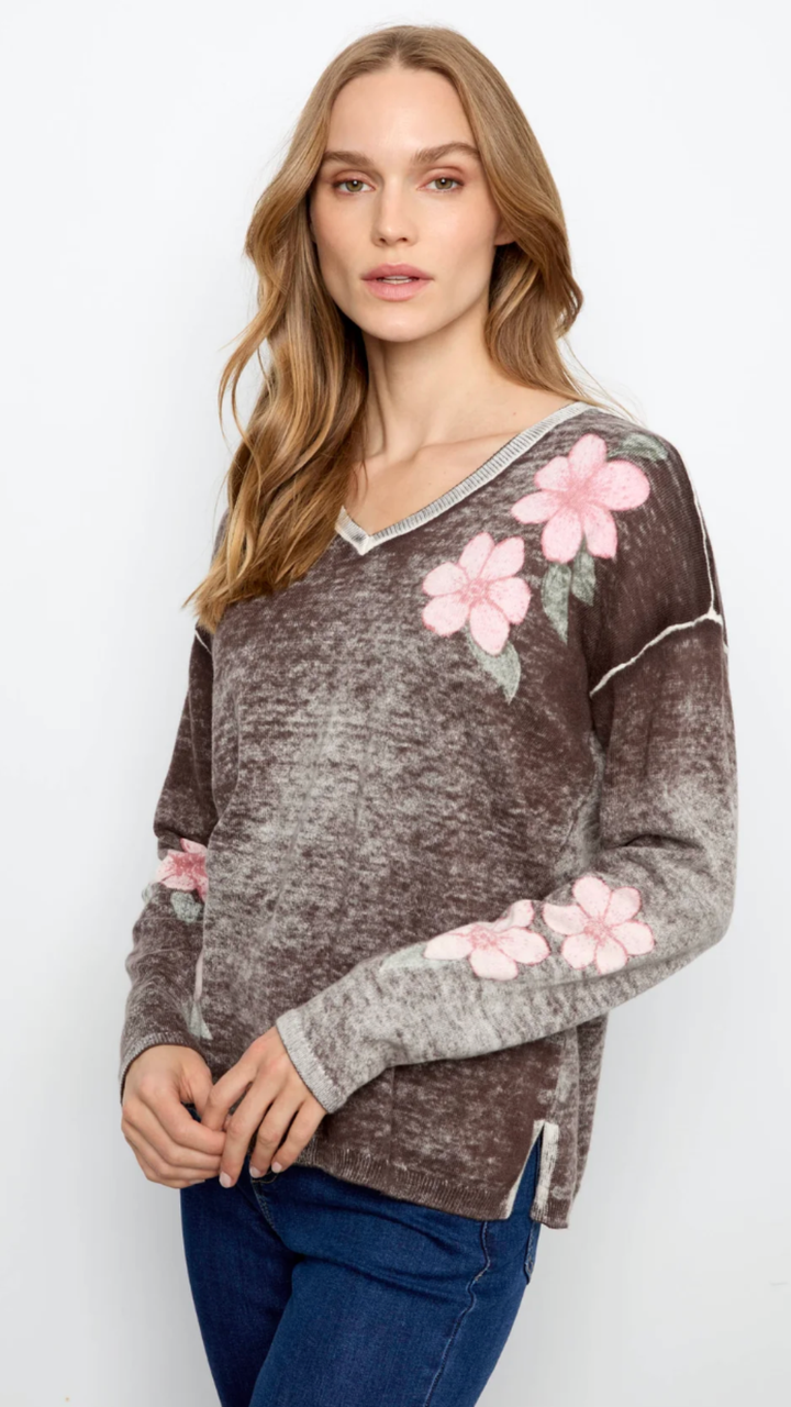 Coffee Floral Reversible V Neck Sweater