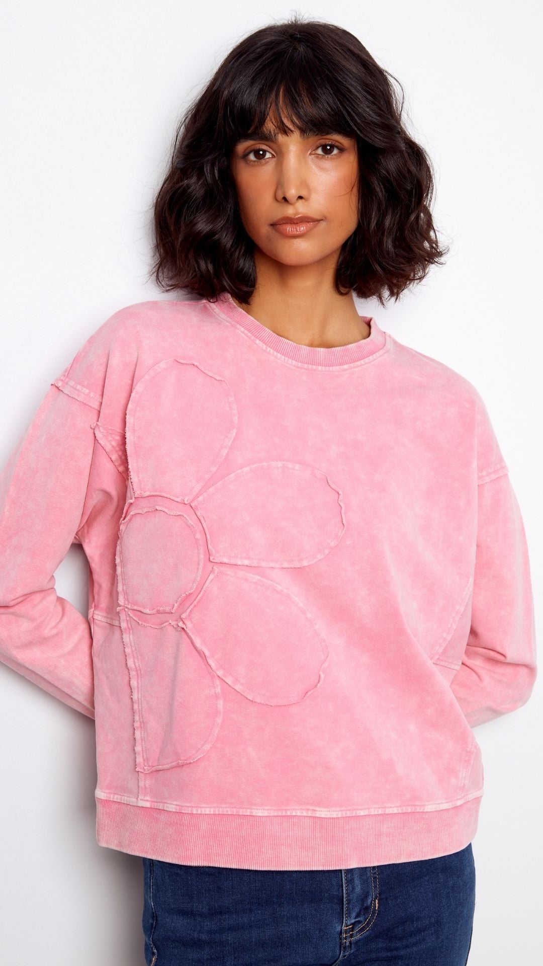 Candy Pink Flower Applique Long Sleeve