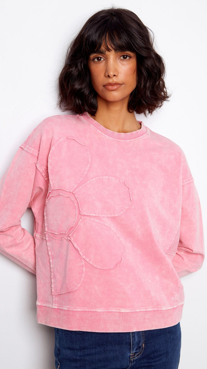 Candy Pink Flower Applique Long Sleeve