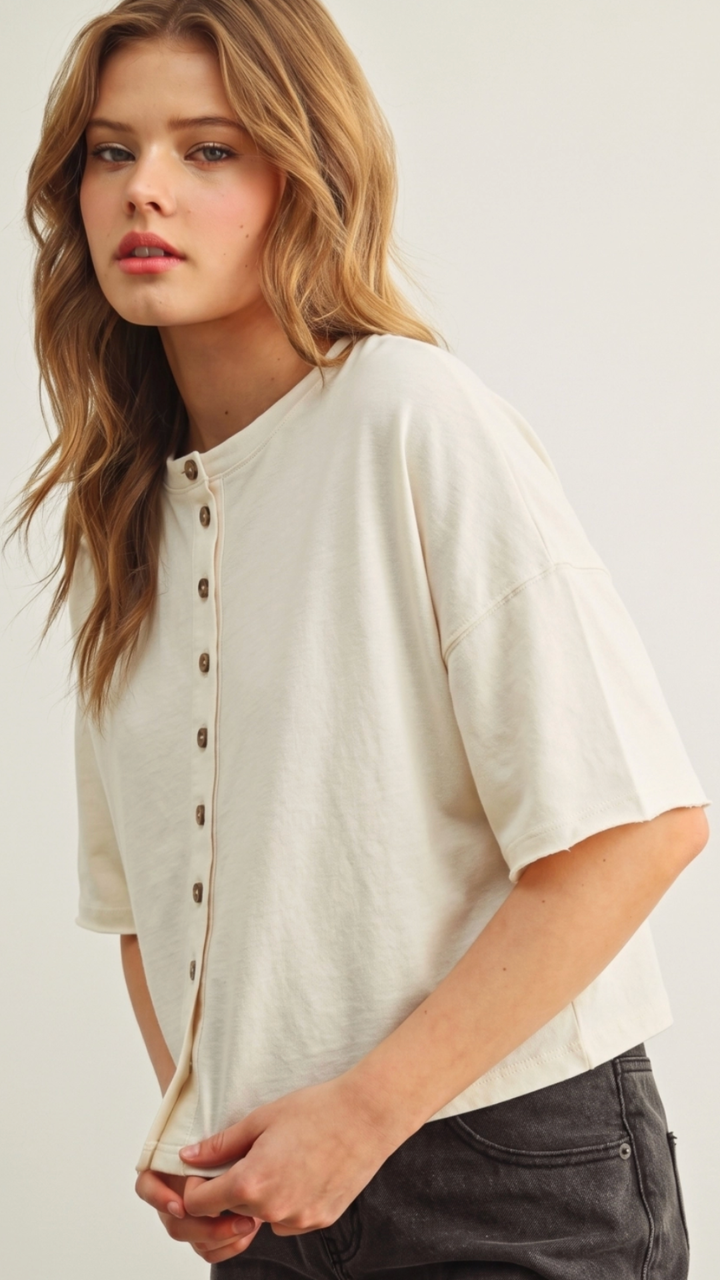 White Button Down Round Neck Half Sleeve Top
