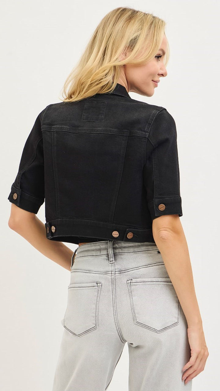 Black Quarter Sleeve Cropped Denim Jacket