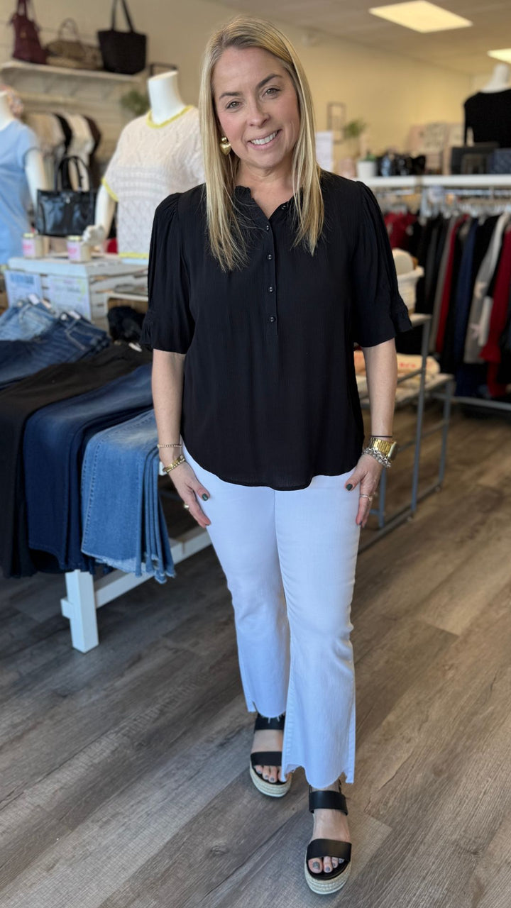 Short Puff Sleeve Crinkled Button Top