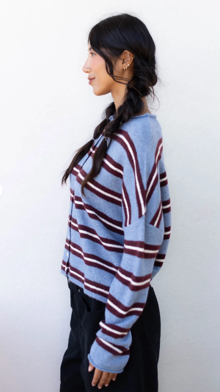 Dusty Blue Varsity Stripe Piper Cardigan