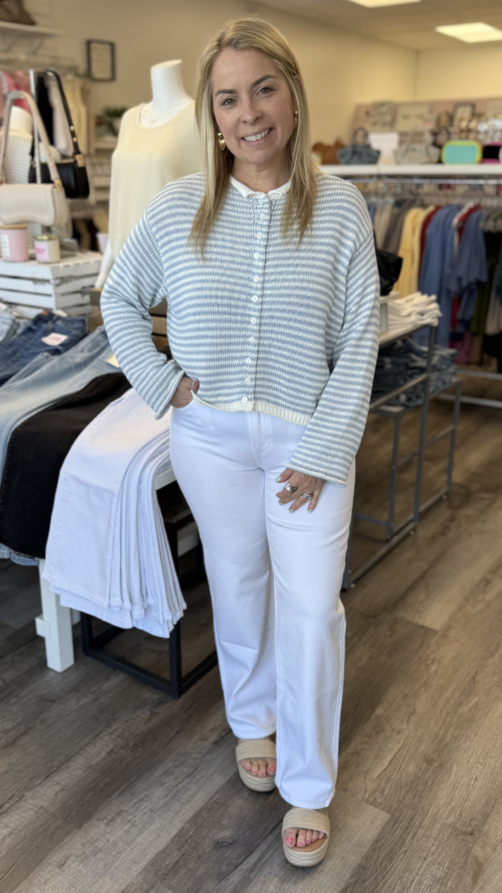 Sky Blue And White Button Front Knit Cardigan