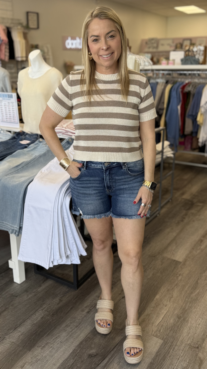 Low Rise Dark Wash Frayed Hem Shorts