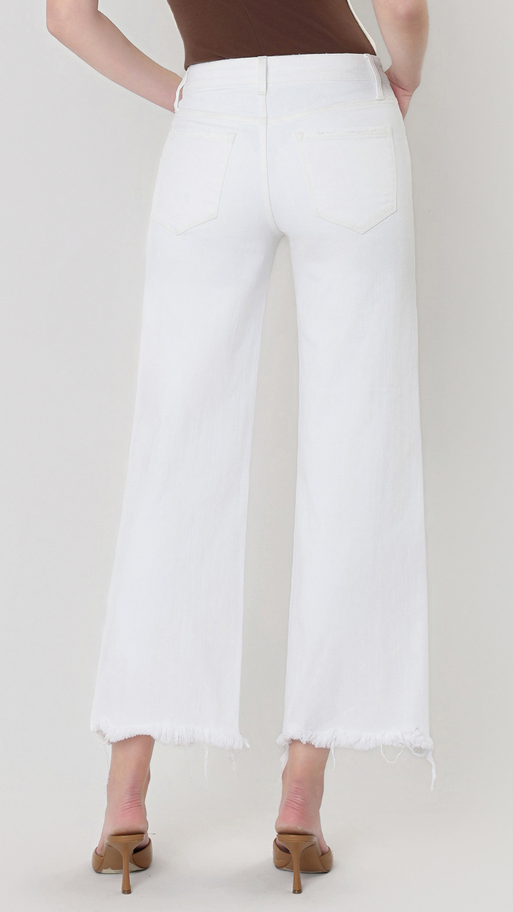 High Rise Optic White Slight Distressed Raw Hem Crop Wide Jeans