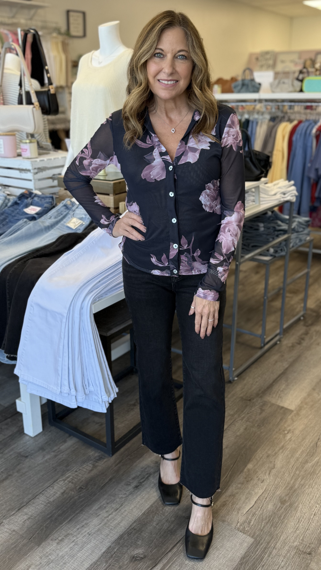 Pink Floral Collared Mesh Top