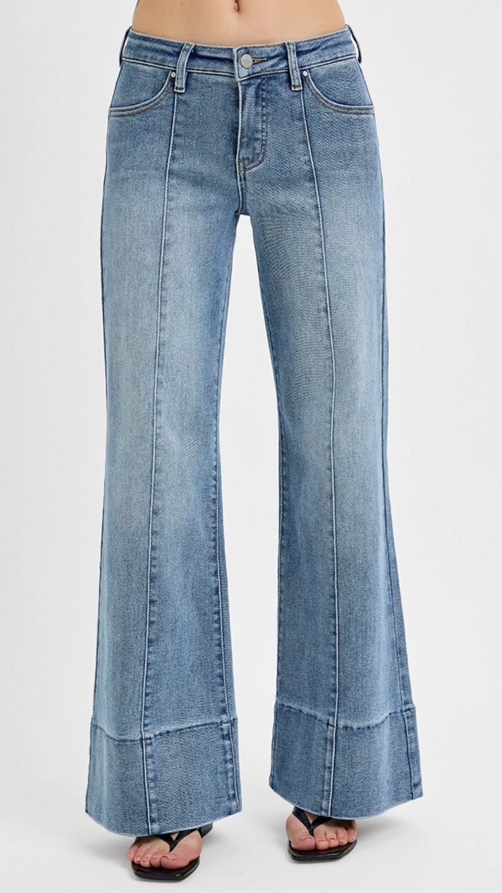 Mid Rise Tummy Control Medium Wash Wide Flare Jeans