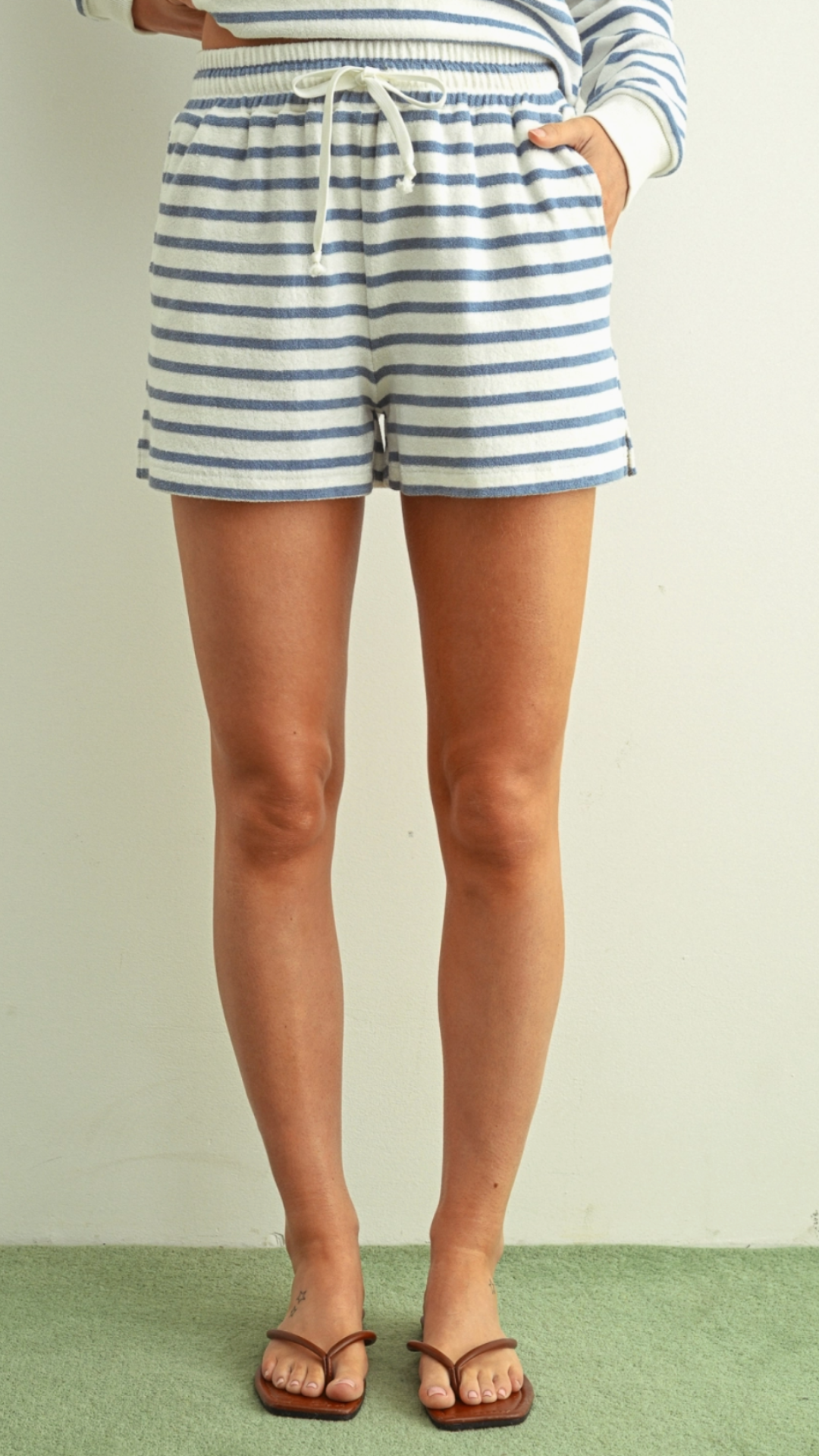 Blue And White Striped Terry Top And Shorts Set