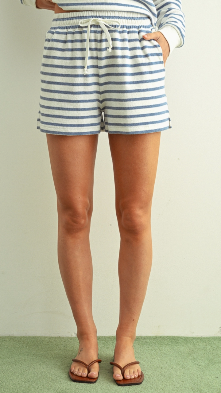 Blue And White Striped Terry Top And Shorts Set