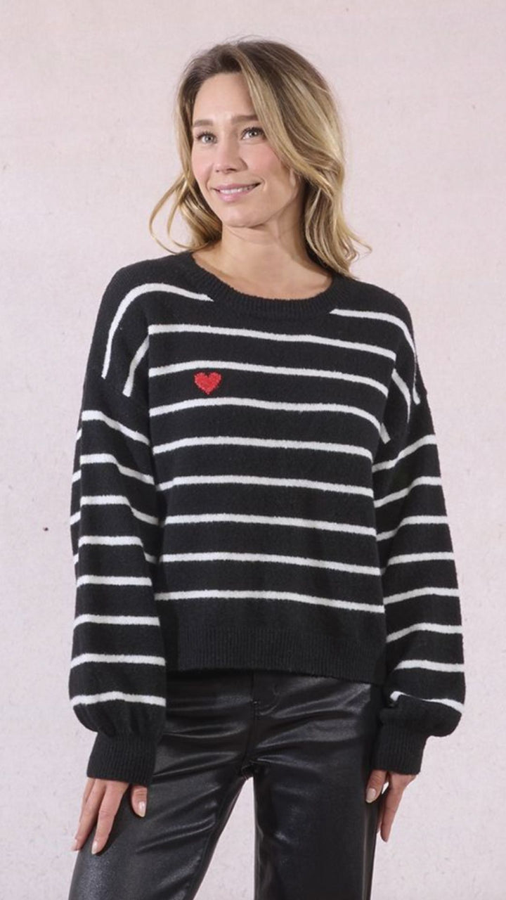 Black And Off White Stripe Heart Sweater