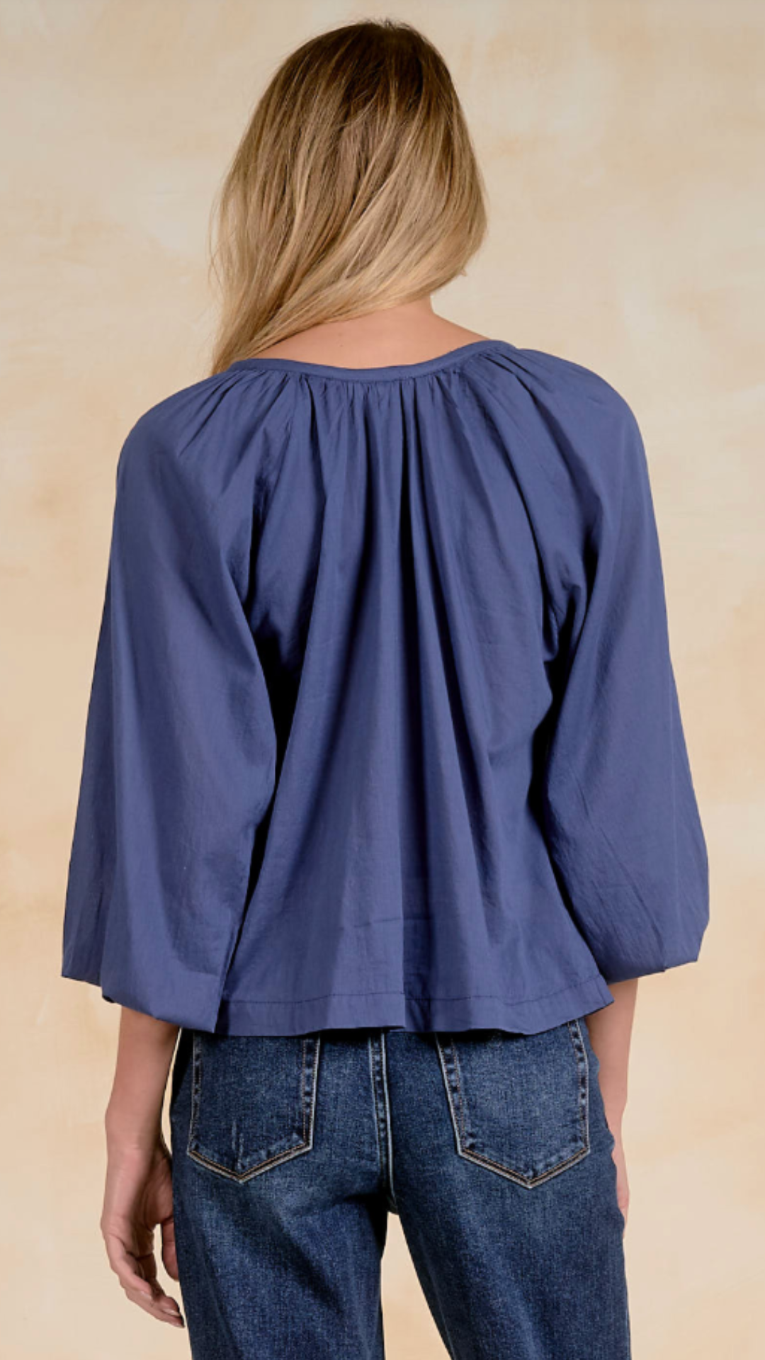Navy Cotton Bubble Sleeve Blouse
