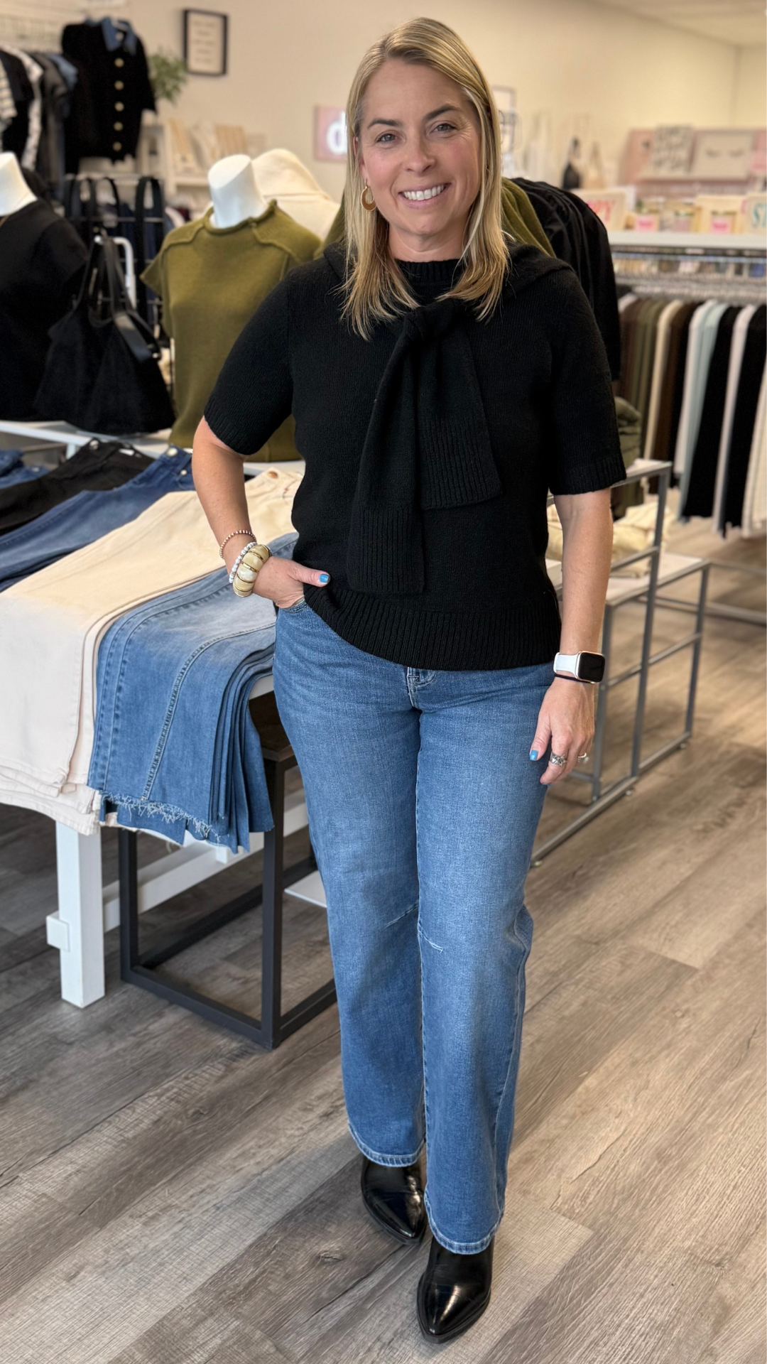 Black Short Sleeve Sweater With Faux Scarf Detail