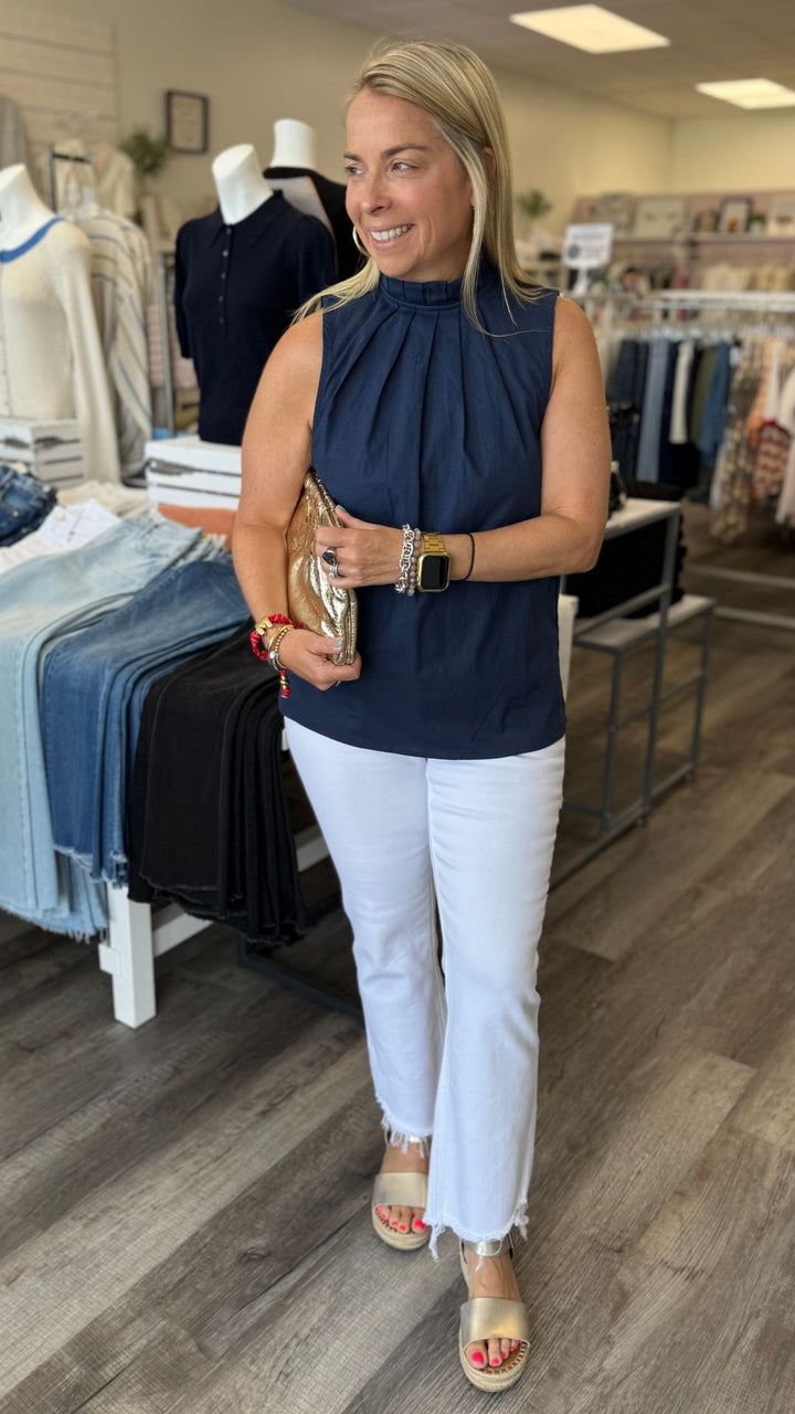 Pleated Mock Neck Linen Sleeveless Top