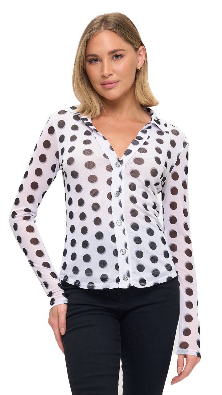 White With Black Polka Dot Collared Mesh Top