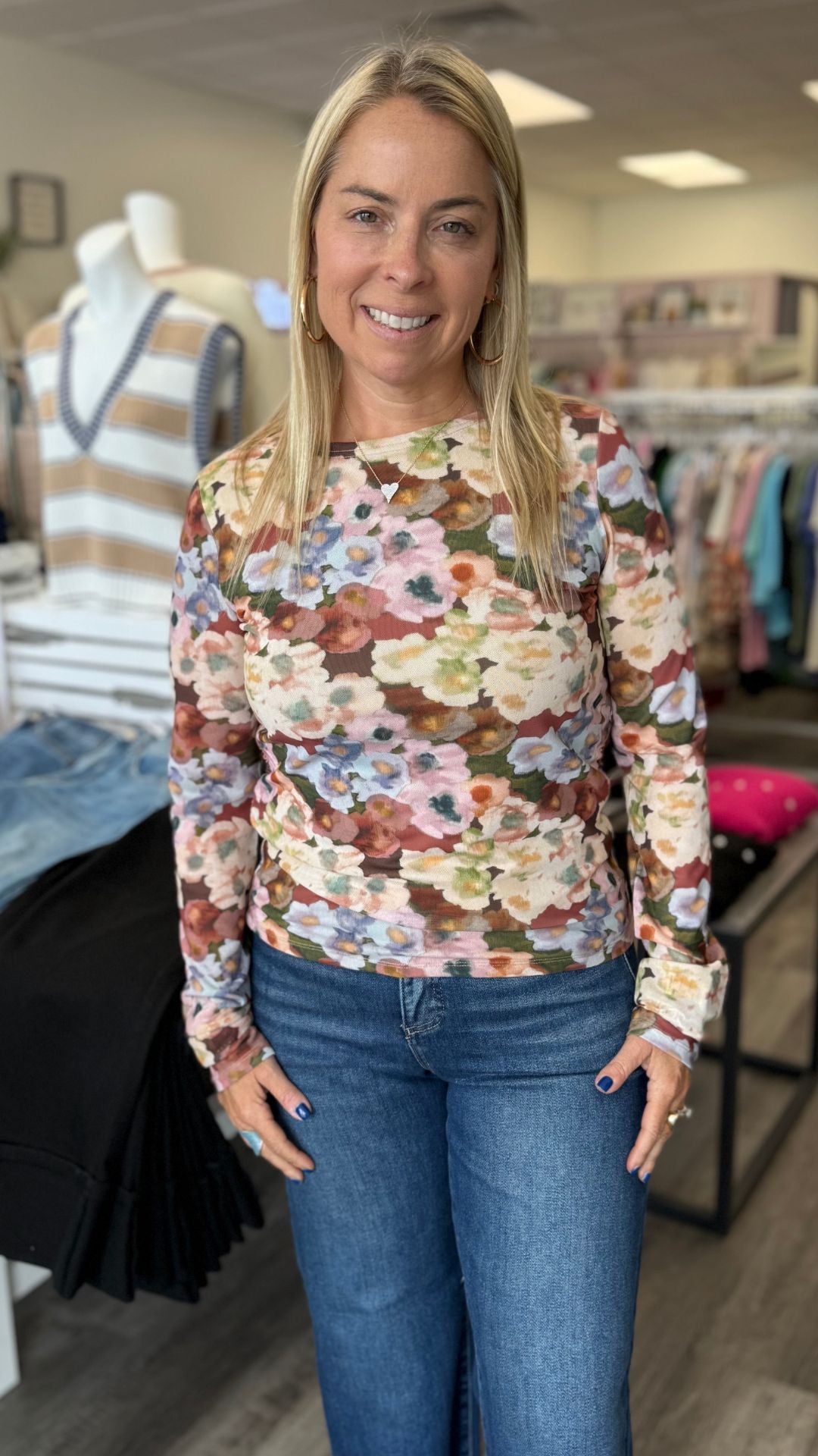 Botanical Printed Mesh Top With Gathering At Sides