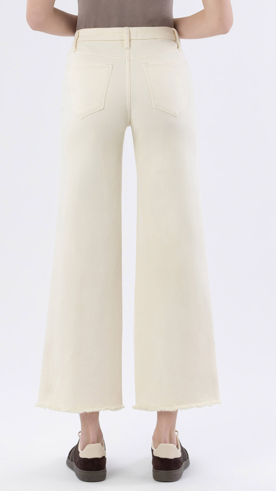 High Rise Ecru Raw Hem Wide Leg Jeans