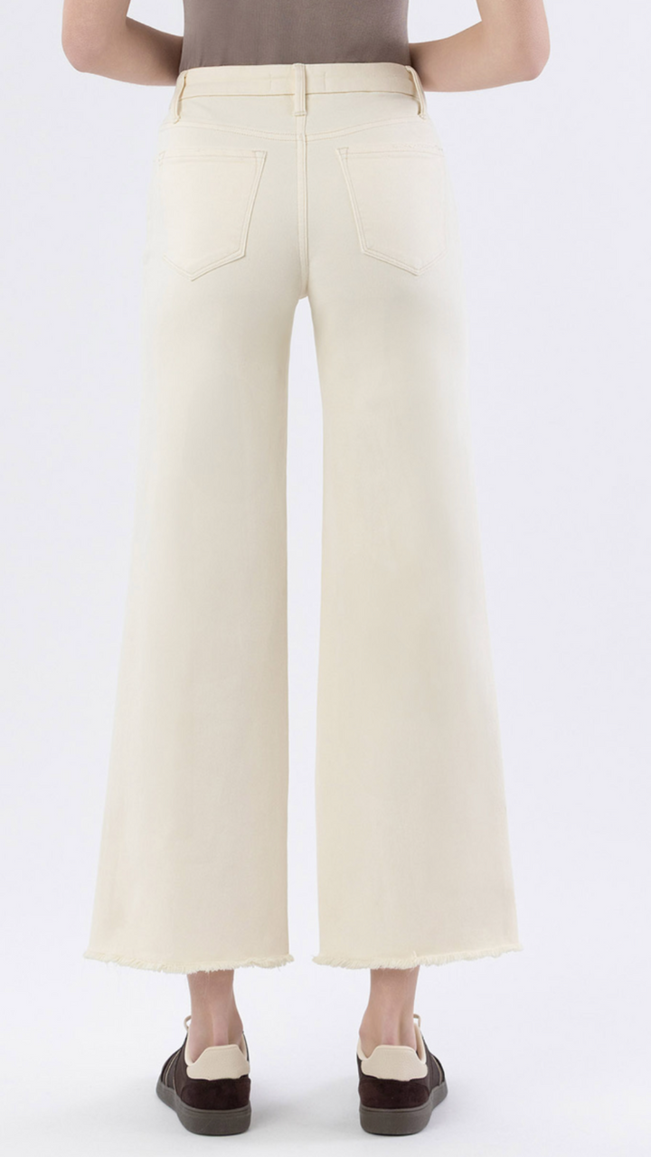 High Rise Ecru Raw Hem Wide Leg Jeans